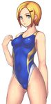  bangs bare_shoulders blonde_hair blue_eyes collarbone competition_swimsuit covered_navel hair_ornament hairclip katagiri_(a1466502) one-piece_swimsuit original parted_bangs short_hair simple_background solo swimsuit white_background 