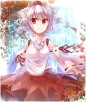  animal_ears autumn_leaves bad_id bad_pixiv_id breasts detached_sleeves happy hat inubashiri_momiji large_breasts leaf looking_at_viewer maple_leaf midori_miyako pom_pom_(clothes) red_eyes red_skirt shirt short_hair silver_hair skirt smile solo tokin_hat touhou water waterfall white_shirt wolf_ears 