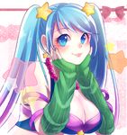  alternate_costume arcade_sona blue_eyes blue_hair blush bra bra_peek breasts cleavage earrings fingerless_gloves gloves hands_on_own_cheeks hands_on_own_face jewelry lace lace-trimmed_bra large_breasts league_of_legends lips mizoreame purple_bra smile solo sona_buvelle star star_earrings twintails underwear 