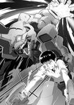  absurdres angry armor bad_id bad_pixiv_id berserker_rage black_hair clenched_teeth cockpit dress_shirt eva_01 giant glowing glowing_eyes glowing_hand greyscale hands highres ikari_shinji incoming_attack ladic mecha monochrome neon_genesis_evangelion piloting rebuild_of_evangelion robot science_fiction shirt spoilers teeth 