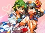  1girl black_hair blue_eyes blush carrying gloves green_eyes green_hair heart kill_la_kill matoi_ryuuko sanageyama_uzu senketsu uet 