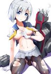  bad_id bad_pixiv_id black_legwear blue_eyes breasts cameltoe gloves hair_ornament hairclip hamakaze_(kantai_collection) henet_hene kantai_collection large_breasts looking_at_viewer panties panties_under_pantyhose pantyhose school_uniform serafuku short_hair short_sleeves silver_hair solo torn_clothes torn_legwear underwear white_gloves 