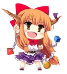  bow brown_eyes brown_hair chain chibi fang hainakku hair_bow horn_ribbon horns ibuki_suika long_hair open_mouth ribbon solo touhou very_long_hair 