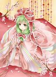  blush bow cherry_blossoms fan flower folding_screen frills front_ponytail green_eyes green_hair hair_bow hair_ornament hair_ribbon holding japanese_clothes kagiyama_hina kimono layered_clothing layered_kimono long_hair petals ribbon smile solo tamichan touhou 