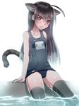  animal_ears black_hair cat_ears emappo long_hair name_tag one-piece_swimsuit phantasy_star phantasy_star_online_2 red_eyes school_swimsuit swimsuit tail thighhighs 