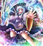  blue_eyes boots claws dragon frilled_skirt frills hat horns japanese_clothes kariginu long_hair looking_at_viewer mononobe_no_futo open_mouth petals ponytail ribbon satoji_(ochanomkmskry) shoes silver_hair skirt solo tate_eboshi touhou whiskers 