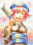  animal_ears boned_meat cleaver closed_eyes food head_scarf japanese_clothes kawachi_koorogi marker_(medium) meat mystia_lorelei okamisty open_mouth pink_hair short_hair smile solo touhou traditional_media wings 