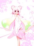  adapted_costume alternate_color animal_ears asn_s blush cape dowsing_rod floral_background floral_print highres holding jewelry long_sleeves looking_at_viewer mouse_ears mouse_tail nazrin open_mouth pendant petals pink_hair red_eyes short_hair simple_background solo tail touhou wide_sleeves 