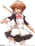  apron blush brown_eyes brown_hair crossdressing dress looking_at_viewer maid male_focus one_eye_closed open_mouth simple_background solo thighhighs tobi_(one) white_background yuu-gi-ou yuu-gi-ou_gx yuuki_juudai 