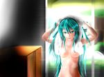  alternate_hairstyle aqua_eyes aqua_hair arms_up blake blush breasts breasts_apart bush cabinet censored colored_eyelashes convenient_censoring curtains hatsune_miku long_hair navel nude open_mouth out-of-frame_censoring out_of_frame reflection steam towel towel_around_neck towel_on_head tree very_long_hair vocaloid wall water water_drop wet window 