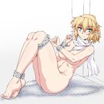  barefoot bdsm blonde_hair blush bondage bound breasts chain chained green_eyes large_breasts leaning_back mizuhashi_parsee nude ootsuki_wataru pointy_ears scarf short_hair simple_background sitting solo source_request touhou 