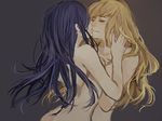  blonde_hair blue_hair closed_eyes enne_(shanyushanyu) fujino_shizuru grey_background imminent_kiss kuga_natsuki long_hair multiple_girls my-hime nude simple_background tears yuri 