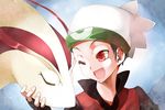  black_hair closed_eyes commentary_request fingerless_gloves gen_3_pokemon gloves hat irodori_(irotoridori) looking_at_another milotic one_eye_closed open_mouth pokemon pokemon_(creature) pokemon_special popped_collar red_eyes ruby_(pokemon) scar smile 