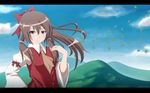  anime_coloring ascot bow brown_hair detached_sleeves hair_bow hair_tubes hakurei_reimu highres leaf long_hair looking_at_viewer mountain purple_eyes ribbon short_ponytail smile solo tomon_(slash0410) touhou wide_sleeves 