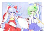  2girls :3 :d ;o absurdres ahoge arm_above_head arm_up blue_eyes blue_hair bow card checkered checkered_background cirno cosplay daiyousei detached_sleeves eighth_note fairy_wings fang flying_sweatdrops frilled_skirt frills frog_hair_ornament gohei green_eyes green_hair hair_bow hair_ornament hair_tubes hakurei_reimu hakurei_reimu_(cosplay) hand_on_own_chest highres holding holding_card kochiya_sanae kochiya_sanae_(cosplay) mofu_mofu multiple_girls musical_note necktie no_panties nontraditional_miko one_eye_closed open_mouth oversized_clothes playing_card pointy_ears short_hair side_ponytail skirt sleeves_past_wrists smile snake_hair_ornament sweat touhou uno_(game) wings 