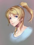  ajishio ayase_eli blonde_hair blue_eyes blush hair_ornament hairclip long_hair looking_at_viewer love_live! love_live!_school_idol_project parted_lips ponytail scrunchie shirt short_hair smile solo t-shirt white_scrunchie 
