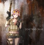  ahoge angled_foregrip assault_rifle backpack bag belt eyewear_on_head flashlight gloves gun headset holster kws load_bearing_vest m4_carbine midriff military_operator navel original pink_hair pouch purple_eyes radio rifle shooting_glasses short_shorts shorts smile smoke_grenade solo sunglasses tank_top thigh_holster weapon 