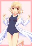  :d aiura blonde_hair blush breasts brown_eyes collarbone eyebrows_visible_through_hair hair_bobbles hair_ornament highres ki_(kk-sk-ray) labcoat looking_at_viewer md5_mismatch off_shoulder one-piece_swimsuit open_mouth outline pink_background school_swimsuit short_hair small_breasts smile solo swimsuit swimsuit_under_clothes wakatsuki_misuzu 