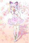  alternate_hairstyle animal_ears arm_up blush boots cherry_blossoms cross-laced_footwear grey_hair highres ishikkoro lace lace-trimmed_thighhighs looking_at_viewer mouse_ears mouse_tail nazrin open_mouth ponytail red_eyes shadow short_hair skirt smile solo tail thighhighs touhou white_legwear 