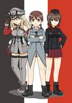  absurdres bismarck_(kantai_collection) boots country_connection crossed_arms germany gertrud_barkhorn girls_und_panzer gloves hat highres hoshino_banchou imperial_german_flag iron_cross kantai_collection kuromorimine_military_uniform military military_uniform multiple_girls nishizumi_maho skirt strike_witches thighhighs twintails uniform world_witches_series 
