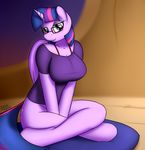  anthro anthrofied bedroom_eyes bottomless breasts clothing crossed_legs cutie_mark devs-iratvs equine eyewear female friendship_is_magic glasses hair hi_res horn inside looking_at_viewer mammal multi-colored_hair my_little_pony purple_eyes purple_hair sitting solo twilight_sparkle_(mlp) winged_unicorn wings 