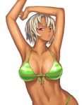  armpits arms_up bad_id bad_pixiv_id bikini breasts cleavage dark_skin front-tie_top goemon23 highres large_breasts looking_at_viewer navel original parted_lips pink_eyes short_hair solo swimsuit white_background white_hair 