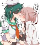  blush eyepatch female_admiral_(kantai_collection) green_hair hat jacket kantai_collection kiso_(kantai_collection) kiss long_hair mataichi_mataro multiple_girls narumi_tsuyu necktie nose_kiss short_hair translated yuri 