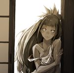  :3 backlighting bad_id bad_pixiv_id blank_eyes collarbone doorway gibbard_sakurako leaning long_hair looking_at_viewer monochrome saki solo strap_slip very_long_hair white_eyes wood yaku_yojino 