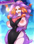  1girl agawa_ryou breasts dress female huge_breasts lips monster_girl nipples no_bra no_panties orange_eyes puffy_nipples purple_hair purple_skin solo standing tentacle_hair wide_hips 