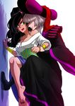  1girl against_wall bad_id bad_pixiv_id barefoot black_hair blue_eyes breasts claude_frollo cleavage dark_skin earrings esmeralda_(disney) gypsy hat hoop_earrings jewelry large_breasts leg_lift long_hair long_skirt marimo_(yousei_ranbu) off-shoulder_shirt sash shirt silver_hair skirt the_hunchback_of_notre_dame younger 