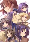  5girls blazer blonde_hair blue_hair brown_hair cherry_blossoms clannad fujibayashi_kyou furukawa_nagisa hair_bobbles hair_ornament hair_ribbon hairband hapoa hikarizaka_private_high_school_uniform ibuki_fuuko ichinose_kotomi jacket long_hair multiple_boys multiple_girls necktie okazaki_tomoya purple_hair ribbon sakagami_tomoyo school_uniform short_hair starfish stuffed_animal stuffed_toy sunohara_youhei teddy_bear two_side_up 