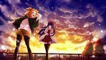  2girls clouds conone dress hat original pantyhose scarf shorts sky snow sunset thighhighs 