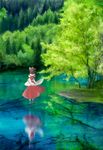  bow brown_hair detached_sleeves floating forest from_behind grass hair_bow hakurei_reimu lake levitation luoye mary_janes nature outdoors realistic reflection scenery shoes short_hair skirt skirt_set sleeves_past_wrists solo touhou tree_branch wide_sleeves wind 