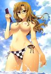  1girl areolae arms bangs bare_shoulders bikini bikini_bottom blue_sky breasts brown_eyes brown_hair cellphone checkered checkered_bikini cleavage cloud collarbone expressionless female fingernails floating_hair fujima_takuya glasses hands highres hips holding kiryuu_moeka long_hair long_image looking_at_viewer mound_of_venus navel nipples nude_filter ocean outdoors parted_lips phone photoshop pink_nipples shade shiny shiny_skin side-tie_bikini sky solo steins;gate sun swimsuit tall_image thigh_gap thighs topless wading water wavy_hair wet wind 