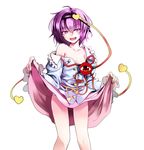  absurdres blush frilled_sleeves frills hairband heart heart-shaped_pupils highres karadborg komeiji_satori long_sleeves looking_at_viewer off_shoulder open_mouth panties pink_eyes pink_skirt purple_hair short_hair simple_background skirt skirt_lift smile solo symbol-shaped_pupils third_eye touhou underwear white_background 