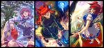  braids catgirl dress flowers hat kaenbyou_rin manabu_adachi onozuka_komachi red_eyes red_hair saigyouji_yuyuko scythe touhou tree weapon 