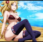  1girl arm arm_support artist_name bangs bare_shoulders beach bikini black_legwear blonde_hair blue_eyes blue_sky bracelet breasts butterfly cleavage cloud collarbone earrings ears fairy_tail female floral_print flower hair_flower hair_ornament highres hips jenny_realight jewelry knees large_breasts legs letterboxed light_smile lips long_hair looking_at_viewer midriff no_shoes ocean outdoors parted_bangs perspective pose print_bikini print_legwear sand sea sitting skindentation skull_and_crossbones sky smile solo string_bikini striped striped_bikini striped_swimsuit swimsuit text thighhighs thighs underboob watermark 