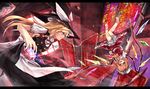  blonde_hair bow braid character_name copyright_name eisuto flandre_scarlet hair_bow hat hat_bow kirisame_marisa letterboxed mini-hakkero multiple_girls red_eyes reversed side_braid side_ponytail stained_glass the_embodiment_of_scarlet_devil touhou vs wings witch_hat yellow_eyes 
