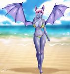  bat beach big_breasts bikini blue_hair breasts claws cleavage clothed clothing cloud demon_wings fangs female grey_skin hair hindoaws jessica_elwood looking_at_viewer mammal navel outside pink_hair red_eyes sand sea seaside short_hair sky smile solo spikes spread_wings standing summer swimsuit teeth thighs under_boob water wings 