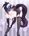  bent_over blue_eyes bow breasts cleavage clothed clothing elbow_gloves equine female garter_belt gloves hair hindpaw horn horse legwear lips long_hair makeup mammal panties paws pony purple_hair solo spittfire standing stockings thighs underwear unicorn white_skin 