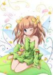 ;) aqua_eyes bare_legs bare_shoulders barefoot blue_wings blush bug butterfly butterfly_hair_ornament chigusa collarbone detached_sleeves dress fairy fairy_wings finger_to_face frilled_sleeves frills girlfriend_(kari) green_dress hair_ornament insect light_brown_hair long_hair looking_at_viewer one_eye_closed petals red_ribbon ribbon rose_petals sitting smile solo strapless strapless_dress stuffed_animal stuffed_toy teddy_bear transparent_wings two_side_up wings yellow_ribbon yuuki_nae 