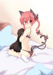  animal_ears bed blush bow bra braid cat_ears cat_tail dressing full-face_blush hair_bow kaenbyou_rin looking_at_viewer looking_back massala multiple_tails panties red_eyes red_hair short_hair sitting solo tail touhou twin_braids underwear underwear_only wariza 