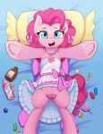  blue_eyes candy clitoris clothed clothing clothing_lift digital_media_(artwork) dress dress_lift earth_pony equine eyelashes fearingfun female feral food friendship_is_magic happy hi_res hooves horse lollipop looking_at_viewer lying mammal my_little_pony no_underwear on_back open_mouth pinkie_pie_(mlp) pony pussy smile solo 