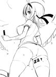  ass breasts buruma cowboy_shot greyscale gym_uniform hairband large_breasts looking_at_viewer looking_back miki_purasu monochrome original short_hair sketch solo thighhighs 