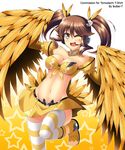  ;d blush boots breasts brown_hair butter-t cleavage detached_collar facial_mark feathered_wings feathers front-tie_top hair_feathers harpy headset medium_breasts microphone miniskirt monster_girl navel one_eye_closed open_mouth original shiny shiny_skin skirt smile solo star striped striped_legwear tail thighhighs twintails underwear wings yellow_eyes 