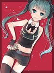  aqua_eyes aqua_hair belt bow bowtie gloves hatsune_miku kan_(sagasaga123) long_hair midriff short_shorts shorts solo thighhighs twintails vocaloid 