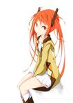  :&gt; aihara_enju black_bullet boots hair_ornament jacket long_hair long_sleeves orange_eyes orange_hair saiho sitting skirt smile solo twintails very_long_hair white_background 