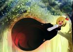  bird black_dress blonde_hair commentary_request darkness dress fang flying forest hair_ribbon long_sleeves nature open_mouth red_dress ribbon rumia shirt smile solo suisa touhou 