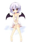  bare_shoulders barefoot bat_wings blue_hair camisole looking_at_viewer massala off_shoulder red_eyes remilia_scarlet short_hair sitting smile solo strap_slip touhou wings younger 