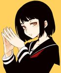  black_hair bob_cut brown_eyes hands hands_together haruhito_(divineshalt) looking_at_viewer original school_uniform serafuku short_hair simple_background solo 